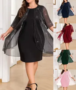 Plus size sheer glitter cape and solid midi dress two-piece set, multi-color detail view.