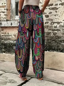 Pantaloni larghi stampati colorati boho da donna pantaloni casual a vita alta estate