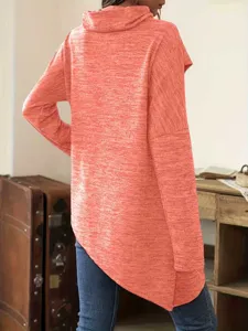 Damen lässige Langarm asymmetrische Rollkragen Sweatshirt Einfarbig Pullover Top Alltag