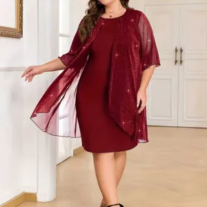 Plus size burgundy dress set with sparkly sheer mesh open front cape for elegant evening wear.