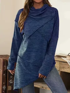 Damen lässiger einfarbiger asymmetrischer Stehkragen Langarm Pullover, schick und gemütlich.