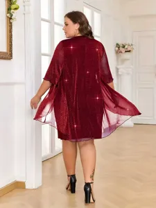 Plus size wine red sparkly sheer coat and dress set, elegant back view detail showcase.