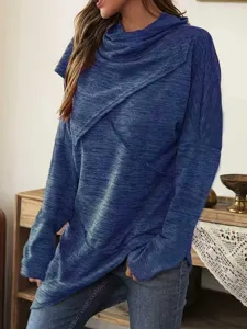 Damen lässiges Langarm einfarbiges Sweatshirt mit stylischem Schalkragen unregelmäßig.