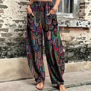 Pantaloni a Lanternas Stampati a Vita Alta Casual da Donna Motivo Geometrico Bohemien Pantaloni Lunghi Abbigliamento Giornaliero