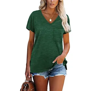 Mujer Cuello V Manga Corta Bolsillo Camiseta Casual Suelta Verano Verde Top Ropa