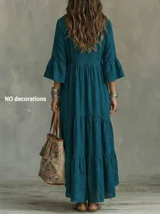 Vintage Langarm V-Ausschnitt Midikleid mit Stufenrüschen und lose passender Silhouette.