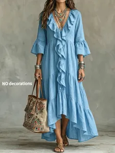 Damen Boho V-Ausschnitt Rüschen Patchwork Maxikleid lässig lose langarm blaues Vintage Kleid