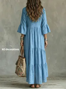 Vintage Langarm Stufen Maxikleid mit V-Ausschnitt und lässiger passender Damenmode.