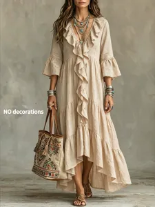 Retro beige V-Ausschnitt Rüschen Midikleid Detailansicht, lässiger lockerer Kleidungsstil.
