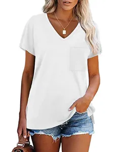 Camiseta casual blanca con cuello V manga corta bolsillo mujer verano top básico