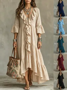 Damen Vintage V-Ausschnitt Rüsche Flickwerk Langarm Locker Maxi Kleid Lässig Herbst Elegant Einfarbig A-Linie Kleid