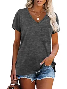 Mujer Suelta Casual Cuello V Manga Corta Bolsillo Color Solido Camiseta Verano Top