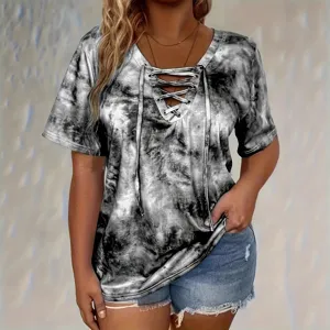 Γυναικείο casual t-shirt κοντό μανίκι tie-dye λαιμόκοψη V με κορδόνια καλοκαιρινό