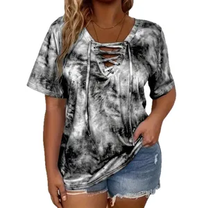 Γυναικείο t-shirt κοντομάνικο λαιμόκοψη v κορδόνια tie dye casual καλοκαιρινό τοπ μόδα