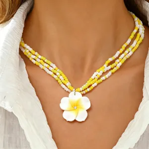 Hawaiian Style Flower Multi Layer Beaded Choker Necklace Fresh Sweet Yellow White Seed Bead Clasp Layered Strand Necklaces For Beach Vacation Women Decorative Jewelry