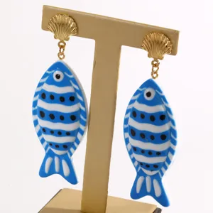 Boucles d'oreilles pendantes poisson marin bleu blanc coquillage chic bijou femme