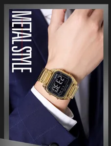 SKMEI Men Gold Square Digital Watch Stainless Steel Waterproof Multifunctional Wristwatch