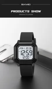 SKMEI schwarze eckige Digitaluhr mit Harzarmband, multifunktionale wasserdichte Sportuhr.