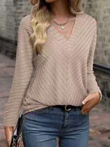 Vista dettagliata maglione donna casual tinta unita collo a V a coste maniche lunghe top.