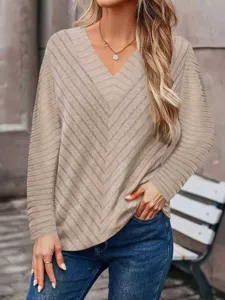Donna Casual Tinta Unita A Coste Scollo a V Manica Lunga Pullover Maglia Base Moda Comfort Stretch Maglia Top