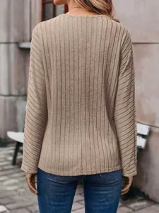 Donna casual a tinta unita in maglia a costine scollo a V manica lunga maglione dettaglio