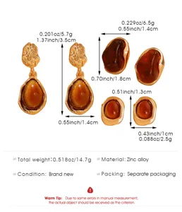 Fashion alloy irregular amber resin earrings set with detailed size and weight specs.