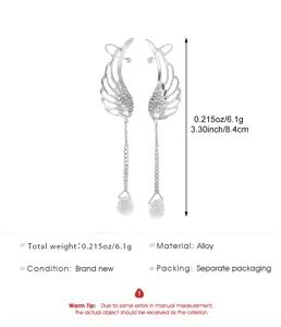 Zilveren engelen vleugel oor manchet met ketting kwast en kristallen hanger lichtgewicht legering.
