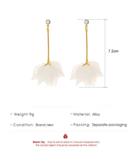 Elegant white petal tassel long drop earrings with sparkling rhinestone studs for women