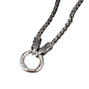 Vintage Viking bone chain necklace with round spring ring clasp, retro alloy jewelry