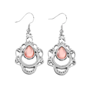 Elegante zilveren filigraan oorbellen met roze druppelsteen vintage boho hangoren dames