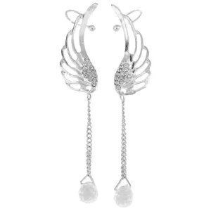 Zilveren vleugel oor manchet detail, strass versierde bungelende ketting kristal kraal oorbel