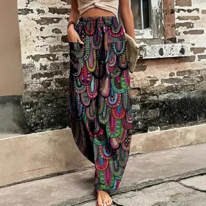 Donna casual vacanza stampato all-over pantaloni harem larghi vita alta boho nuovo
