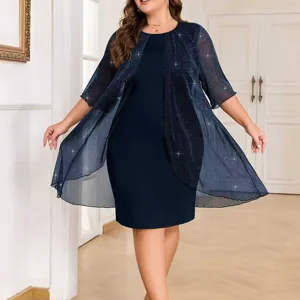 Elegant plus size mesh coat dress set, solid color stylish evening party outfit for women.