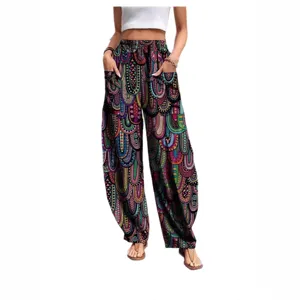 Donna boho stampato largo pantaloni harem casual vita alta gamba larga con tasche