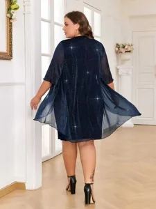 Plus size solid color sheer mesh cape cardigan dress detail view, elegant and comfortable.