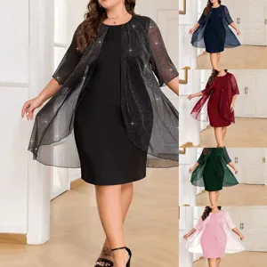 Women Plus Size Top And Bottom Elegant Mesh Glitter Cardigan Coat And Sleeveless Solid Color Maxi Dress Fashion Party Outfit