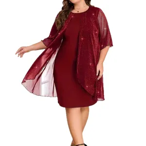 Plus-size wine red dress with sparkling mesh cape outerwear for elegant women evening wear.