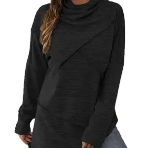 Damen lässiger unregelmäßiger Kragen Langarm einfarbiger Pullover Top für Herbst Winter.