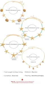 Bohemian gold metal waist chain with seashells and starfishes beach body jewelry for women