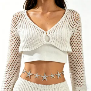 Silver starfish metal waist chain for women, boho beach vacation belly chain accessory detail.