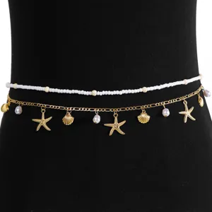 Boho double-layer waist chain with gold starfish shells and white beads for beach party detail view