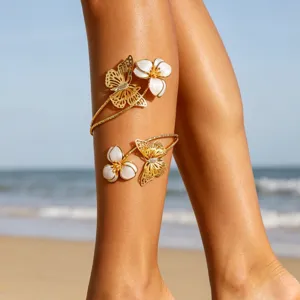 Bracelet de cheville papillon fleur dorée style plage vacances océan bijoux chaîne métal