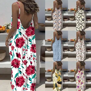 Women bohemian floral print backless maxi dress summer casual sleeveless long beach dress