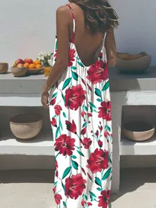 Bohemian floral maxi dress for women, casual sleeveless backless long dress for summer.
