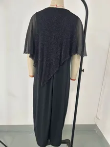 Plus size black long dress with shimmering batwing cape sleeve elegant evening party maxi dress