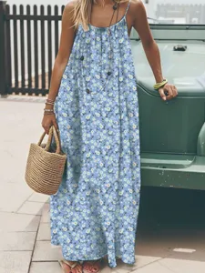 Detail view of the bohemian floral slip long dress, showcasing the stylish casual summer design.