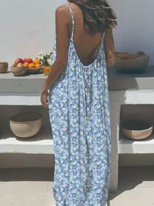Casual blue floral maxi dress with spaghetti straps and sleeveless bohemian design for women.