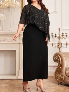 Details of the elegant plus-size sequin capelet V-neck evening dress in indoor setting.