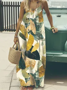Bohemian summer casual leaf print spaghetti strap long dress, elegant sleeveless maxi design.