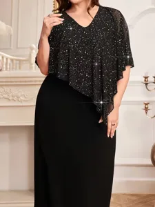 Plus size elegant V-neck batwing sleeve long evening dress with glitter overlay detail.